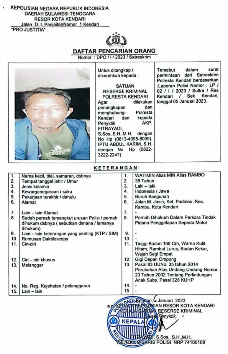 Polisi Terbitkan DPO Kepada Pelaku Penculikan Bayi di Kendari