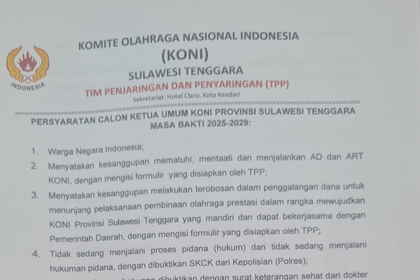 TPP KONI Sultra Diminta Tegas Verifikasi Berkas Calon Ketua, Diminta Konsisten pada 13 Syarat