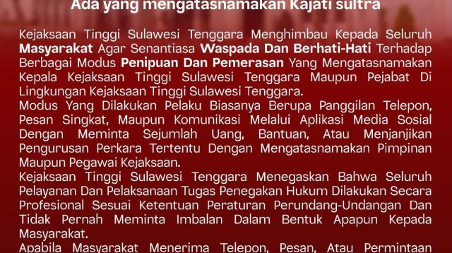 Waspada! Aksi Penipuan Catut Nama Kajati Sultra dan Pejabat Kejaksaan