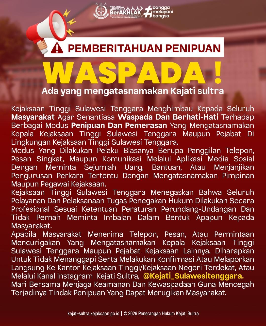 Waspada! Aksi Penipuan Catut Nama Kajati Sultra dan Pejabat Kejaksaan