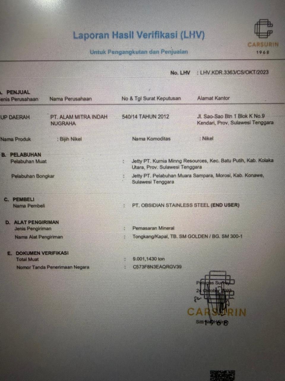 Jejak LHV PT Carsurin dalam Memuluskan Penjualan Ore Nikel PT AMIN Tahun 2023