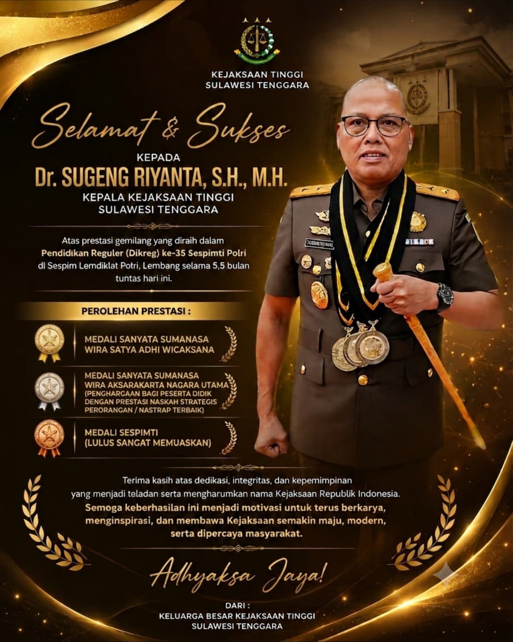 Toreh Prestasi, Kajati Sultra Dr. Sugeng Riyanta Raih Tiga Penghargaan di Sespimti Polri