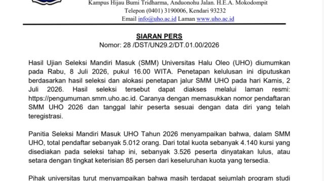 UHO Umumkan Hasil SMM 2026, 3.526 Peserta Lulus, Gelombang II Segera Dibuka