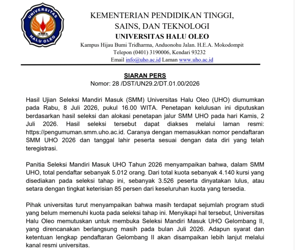 UHO Umumkan Hasil SMM 2026, 3.526 Peserta Lulus, Gelombang II Segera Dibuka
