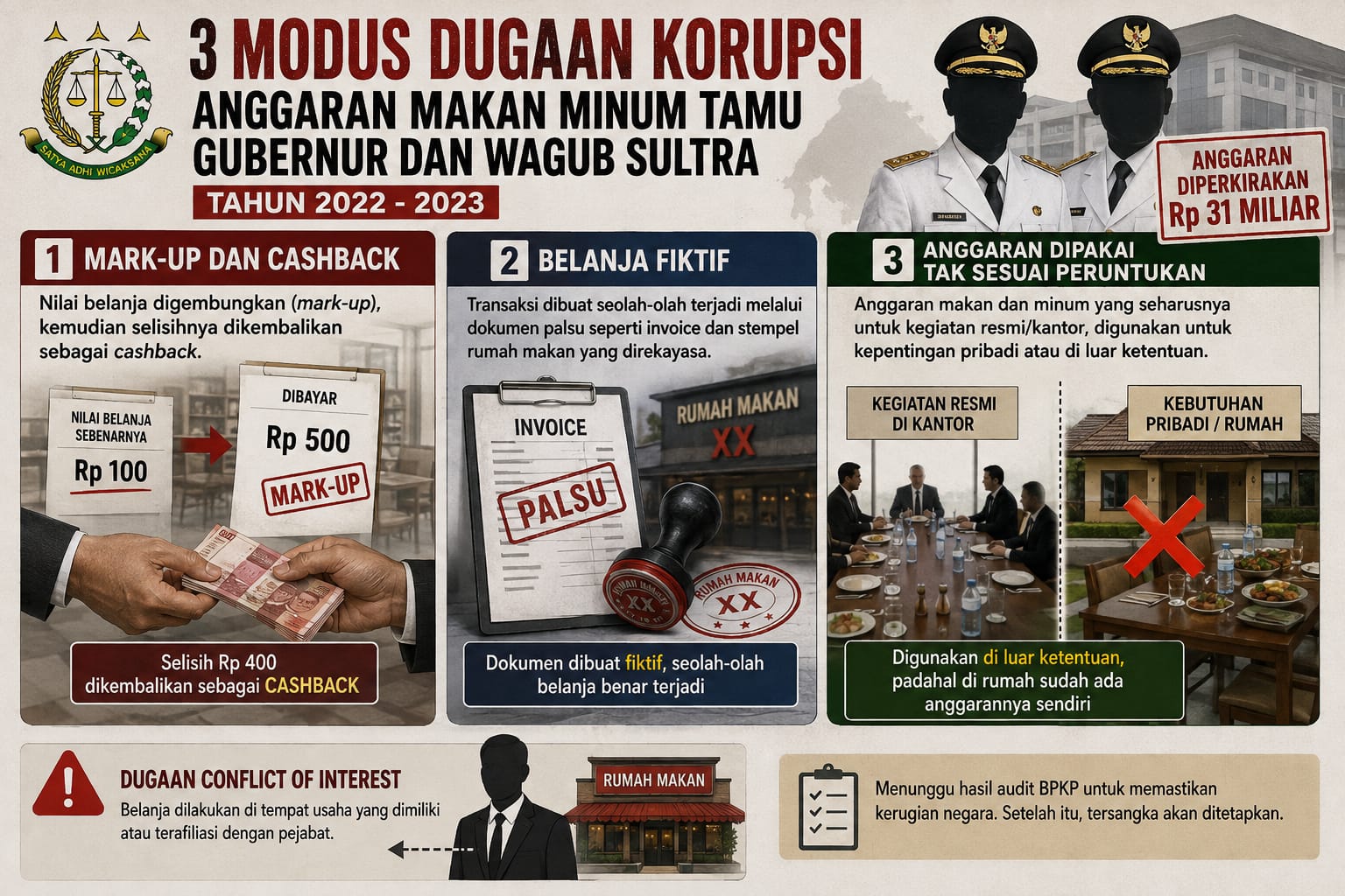 Ini 3 Modus Dugaan Korupsi Anggaran Makan Minum Tamu Gubernur dan Wagub Sultra Tahun 2022 – 2023