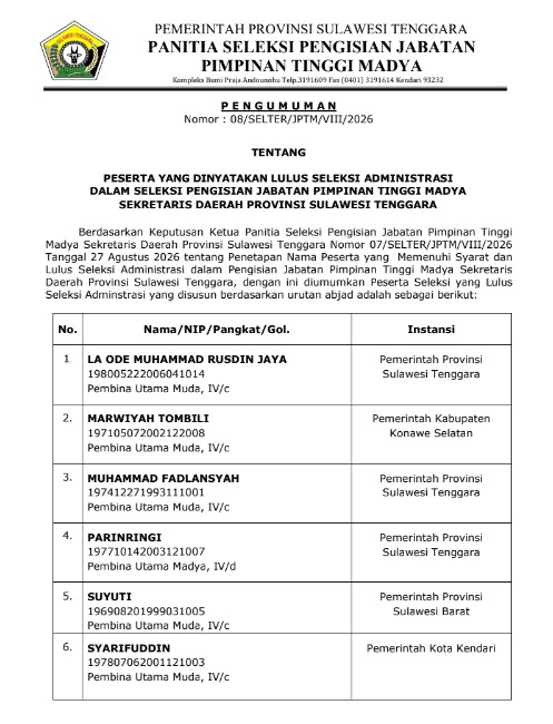 Enam Peserta Lolos Seleksi Administrasi Calon Sekda Sultra