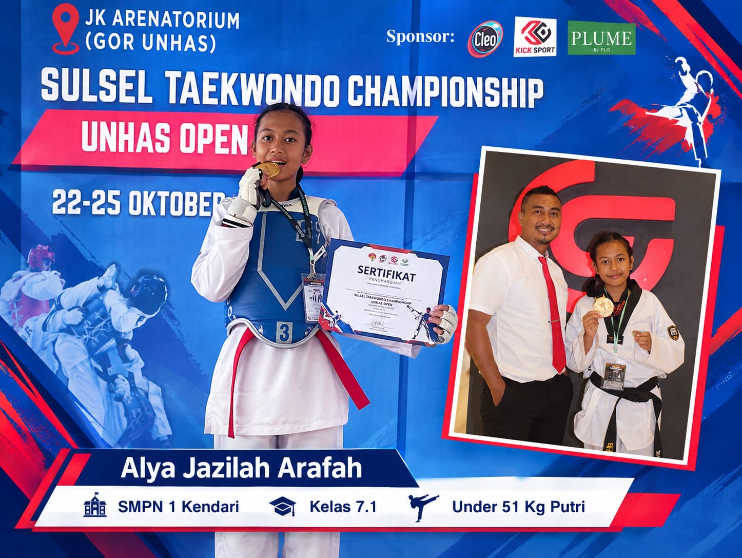 Siswi SMPN 1 Kendari Alya Jazilah Arafah Raih Juara di Unhas Open Taekwondo Championship